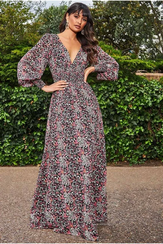 Dresses with Sequined Hearts for Ladies' Romantic LookGoddiva Long Sleeve Maxi Shirred Waistband - Floral Print Dresses with Sequined Hearts for Ladies' Romantic LookGoddiva Long Sleeve Maxi Shirred Waistband - Floral Print