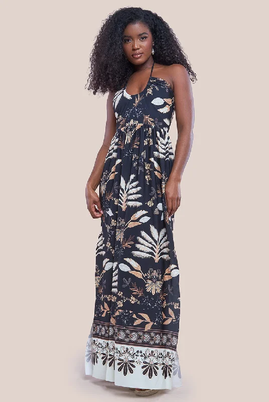 Dresses with Embroidered Birds and Sequined Floral Motifs for Ladies' Nature Inspired and Elegant LookGoddiva Printed Tie Back Maxi - Black Dresses with Embroidered Birds and Sequined Floral Motifs for Ladies' Nature Inspired and Elegant LookGoddiva Printed Tie Back Maxi - Black