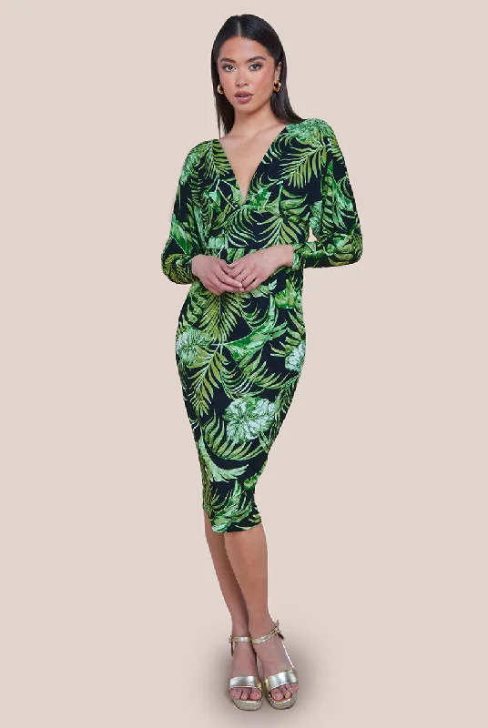 Dresses with Beaded Floral Wreath on the Bodice and High Low Hem for Ladies' Delicate and Dramatic LookGoddiva Tropical Print Midi With Batwing Sleeves - Green Dresses with Beaded Floral Wreath on the Bodice and High Low Hem for Ladies' Delicate and Dramatic LookGoddiva Tropical Print Midi With Batwing Sleeves - Green