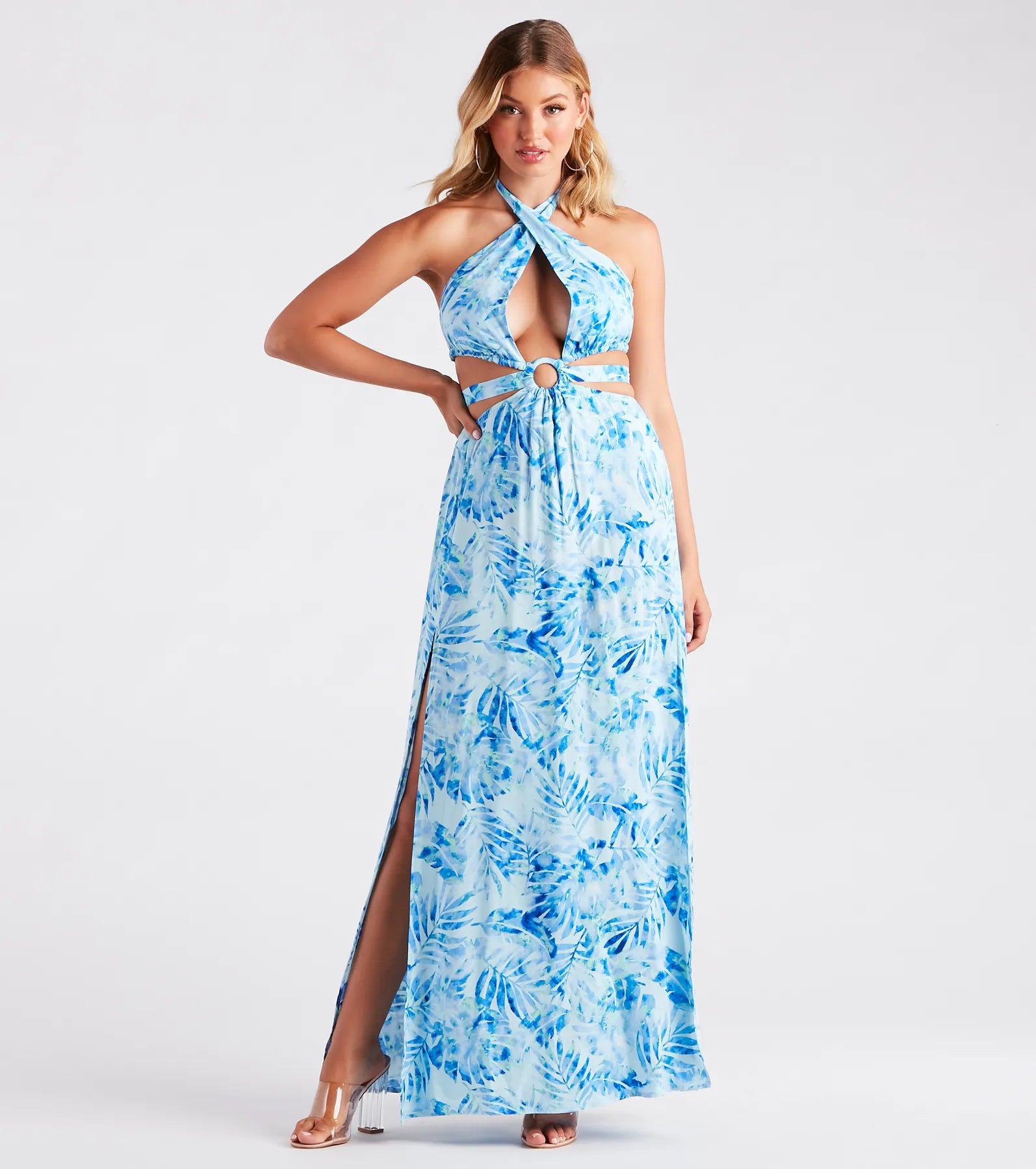 Dresses with Embroidered Stars and Sequined Dots for Ladies' Celestial and Playful LookMiami Mood Tropical Print Cutout Maxi Dress Dresses with Embroidered Stars and Sequined Dots for Ladies' Celestial and Playful LookMiami Mood Tropical Print Cutout Maxi Dress