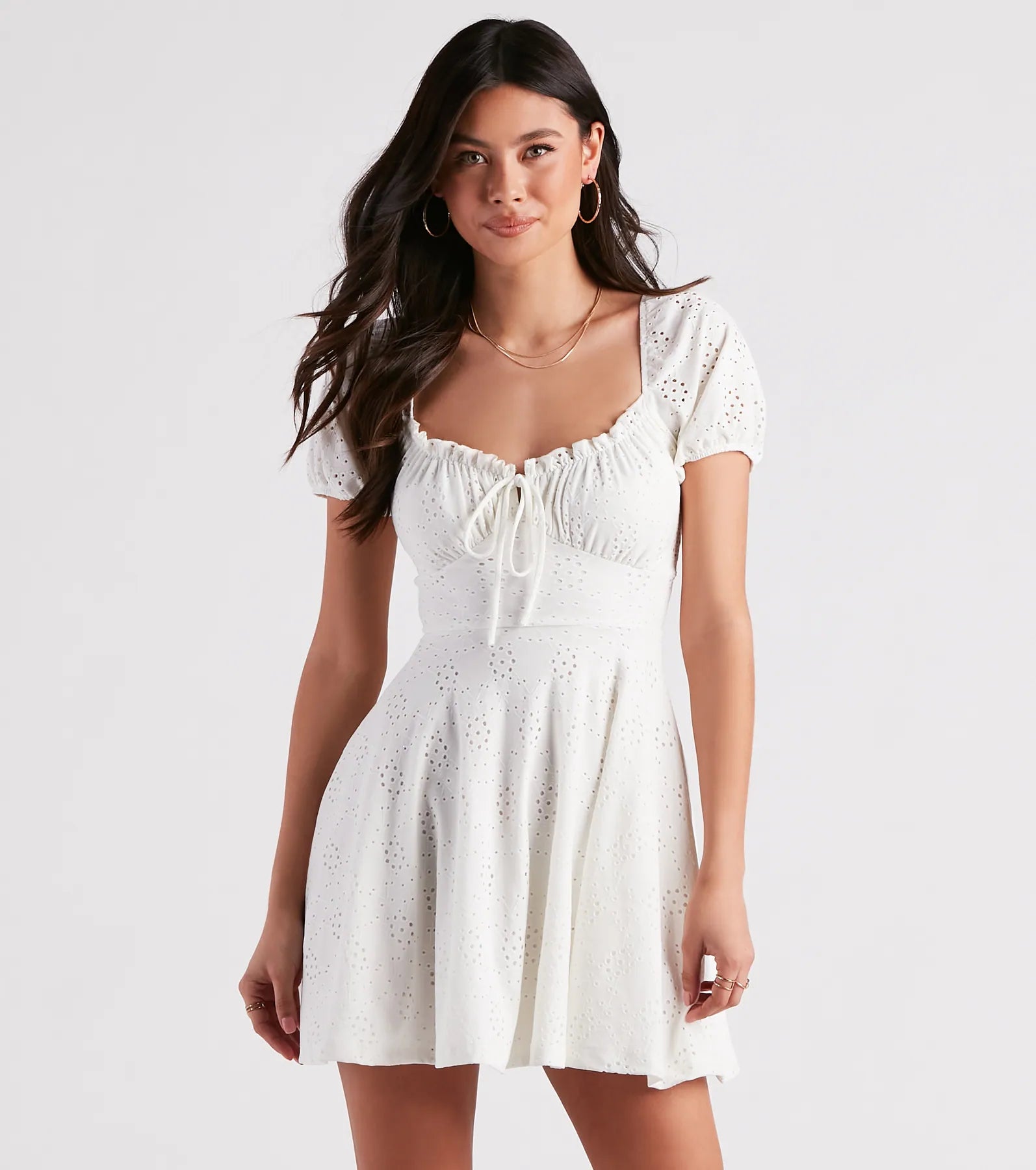 Dresses with Beaded Floral Wreath on the Bodice and High Low Hem for Ladies' Delicate and Dramatic LookSweet As Me Eyelet Lace Skater Dress Dresses with Beaded Floral Wreath on the Bodice and High Low Hem for Ladies' Delicate and Dramatic LookSweet As Me Eyelet Lace Skater Dress