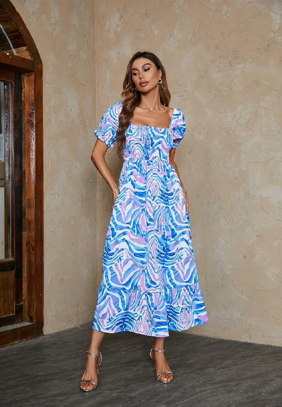 Long - Sleeved Maxi Dresses for Autumn and WinterAnimal Print Off Shoulder Maxi Dress In Blue Long - Sleeved Maxi Dresses for Autumn and WinterAnimal Print Off Shoulder Maxi Dress In Blue