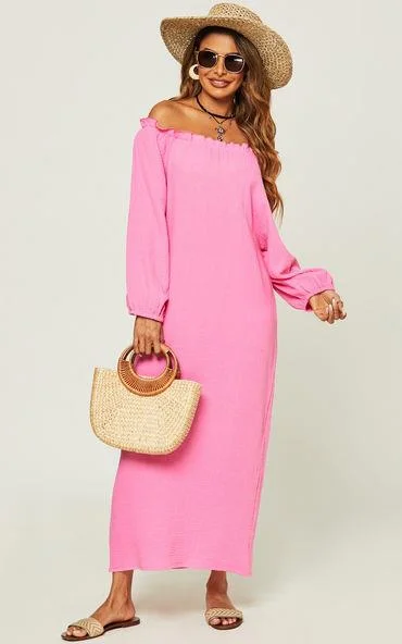 Maxi Dresses for Outdoor Garden WeddingsBardot Frill Detail Off Shoulder Maxi Dress In Pink