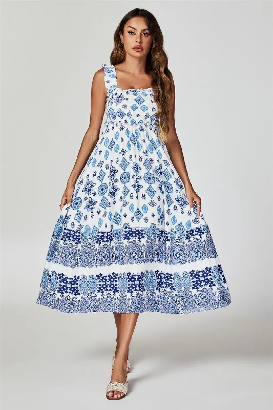 Fairy - Like Tulle Maxi Dresses for Special OccasionsBlue Border Print Hem Detail Tiered Maxi Dress In White Fairy - Like Tulle Maxi Dresses for Special OccasionsBlue Border Print Hem Detail Tiered Maxi Dress In White