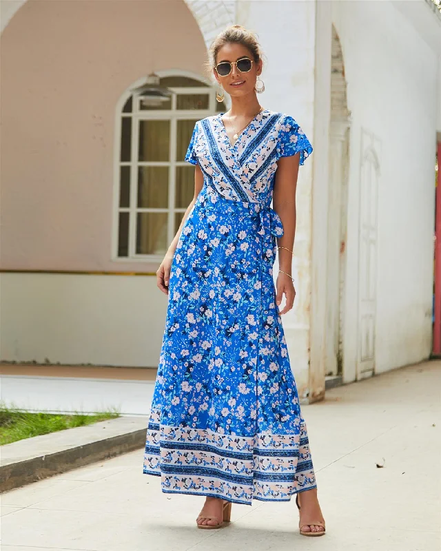 Maxi Dresses with Drawstring Waists for a Relaxed FitBohemian Style Wrap Maxi Dress In Blue & Pink Floral Print Maxi Dresses with Drawstring Waists for a Relaxed FitBohemian Style Wrap Maxi Dress In Blue & Pink Floral Print