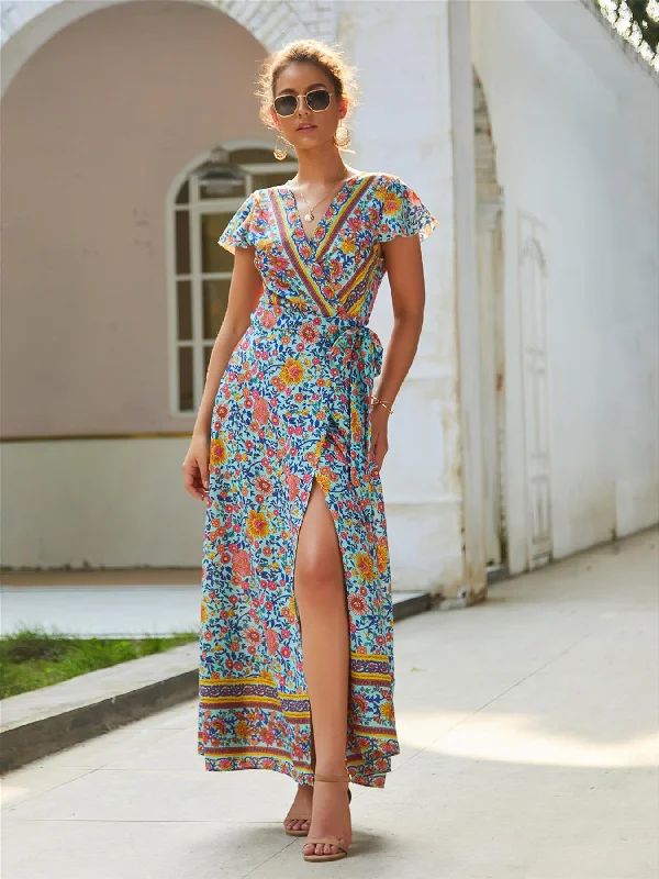 Royal Purple Maxi Dresses for a Regal AppearanceBohemian Style Wrap Maxi Dress In Mint & Orange Floral Print Royal Purple Maxi Dresses for a Regal AppearanceBohemian Style Wrap Maxi Dress In Mint & Orange Floral Print