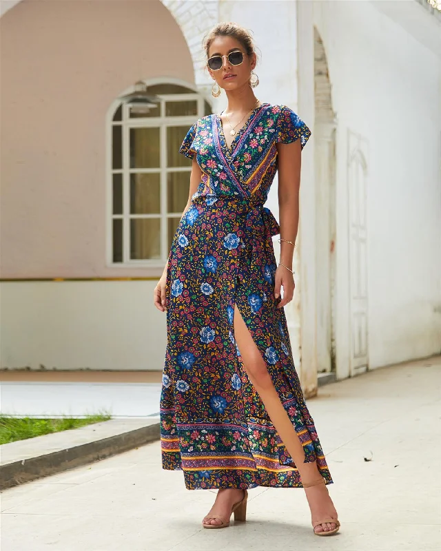 Maxi Dresses for Music Festivals with a Bohemian FlairBohemian Style Wrap Maxi Dress In Navy & Yellow & Green Floral Print