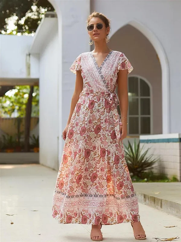 Maxi Dresses Paired with Crop Tops for a Trendy LookBohemian Style Wrap Maxi Dress In Peach & Cream Mix Floral Print