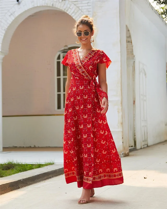Maxi Dresses Decorated with Feathers for a Dazzling LookBohemian Style Wrap Maxi Dress In Red & Gold Floral Print