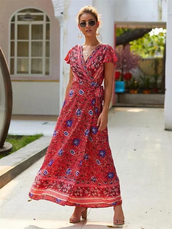 Japanese - Inspired Minimalist Maxi DressesBohemian Style Wrap Maxi Dress In Red With Blue Floral Print