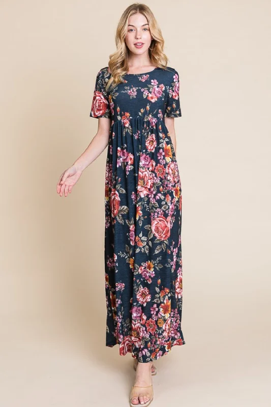 Elegant Silk Maxi Dresses with High SlitsFloral Short Sleeve Maxi Dress