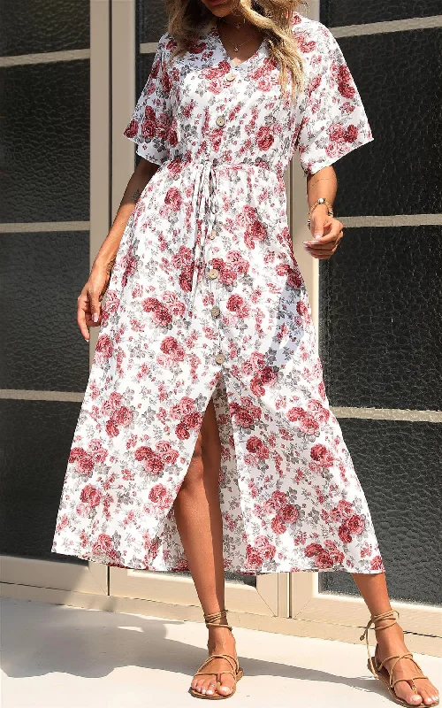 Retro Polka - Dot Maxi Dresses for a Nostalgic FeelButton Down V Neck Maxi Dress In White Floral Print