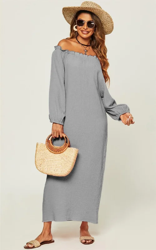 Sunny Yellow Maxi Dresses for a Cheerful LookComfy Cotton Bardot Frill Detail Maxi Dress In Grey