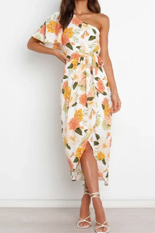 Plus - Size Maxi Dresses with Slimming EffectsFloral One-Shoulder Tied Tulip Hem Dress Plus - Size Maxi Dresses with Slimming EffectsFloral One-Shoulder Tied Tulip Hem Dress