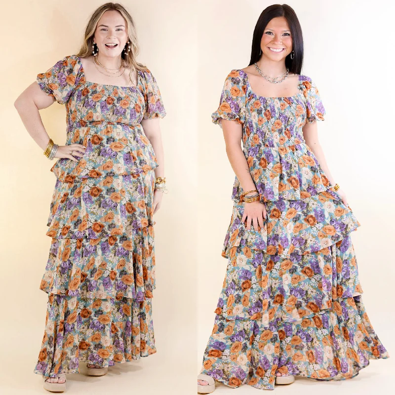 Maxi Dresses for Romantic Date NightsFun Feeling Floral Tiered Maxi Dress with Smocked Balloon Sleeves in Blue Mix