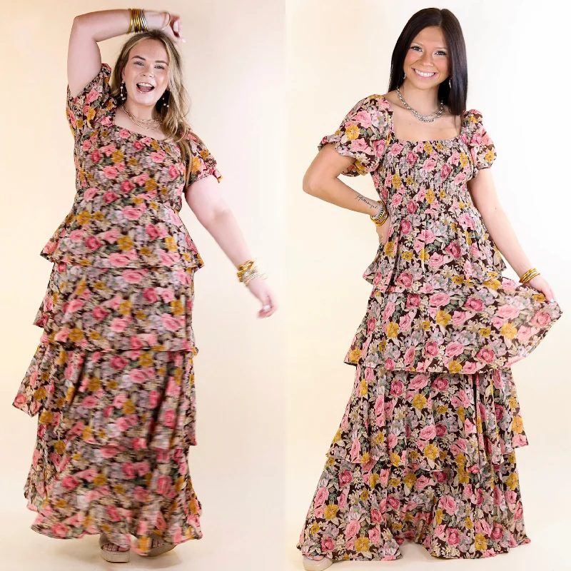 Comfortable Cotton - Linen Maxi Dresses for Everyday WearFun Feeling Floral Tiered Maxi Dress with Smocked Balloon Sleeves in Brown Mix Comfortable Cotton - Linen Maxi Dresses for Everyday WearFun Feeling Floral Tiered Maxi Dress with Smocked Balloon Sleeves in Brown Mix