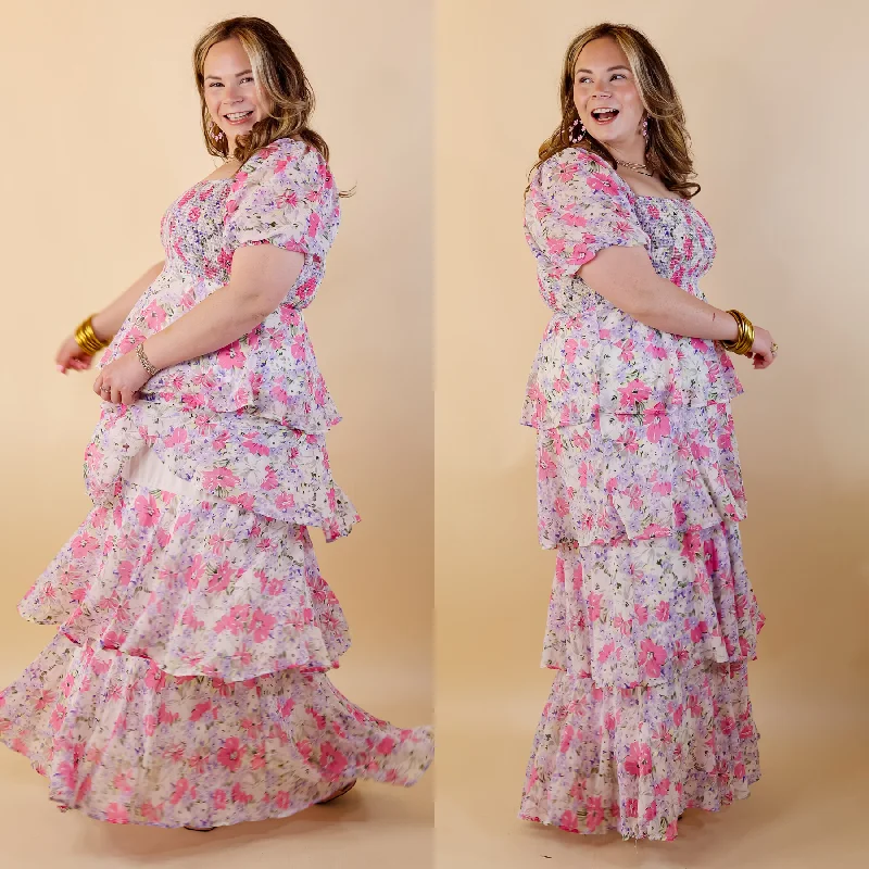 Maxi Dresses with Long - Sleeve Lace Inserts for a Romantic LookFun Feeling Floral Tiered Maxi Dress with Smocked Balloon Sleeves in Pink Mix Maxi Dresses with Long - Sleeve Lace Inserts for a Romantic LookFun Feeling Floral Tiered Maxi Dress with Smocked Balloon Sleeves in Pink Mix