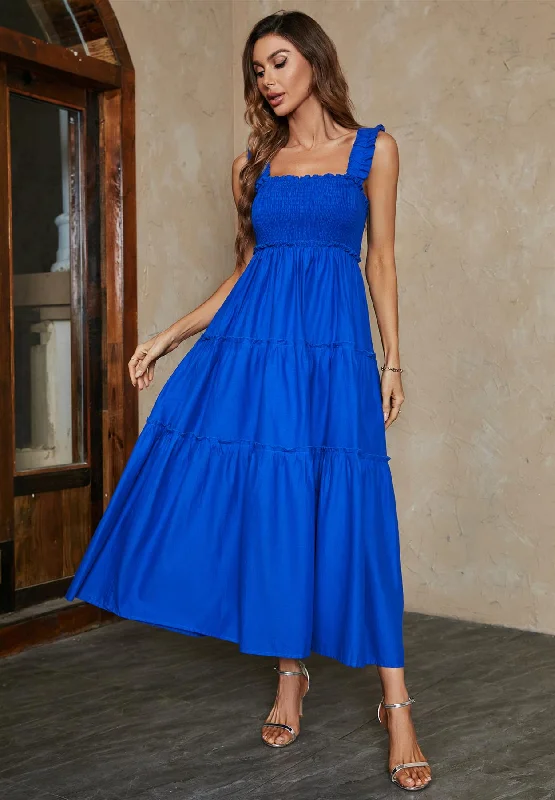 Gothic - Style Black Maxi Dresses for Alternative EventsHem Detail Tiered Maxi Dress In Blue Gothic - Style Black Maxi Dresses for Alternative EventsHem Detail Tiered Maxi Dress In Blue