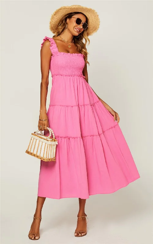 Maxi Dresses with Romantic Bows for a Feminine TouchHem Detail Tiered Maxi Dress In Fuchsia Pink