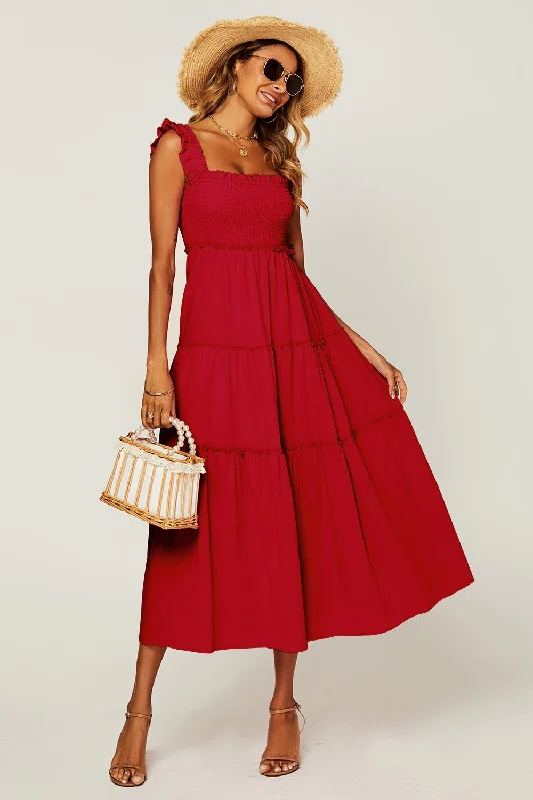 Ultra - Long Floor - Length Maxi Dresses for Formal EventsHem Detail Tiered Maxi Dress In Fuchsia Red Ultra - Long Floor - Length Maxi Dresses for Formal EventsHem Detail Tiered Maxi Dress In Fuchsia Red