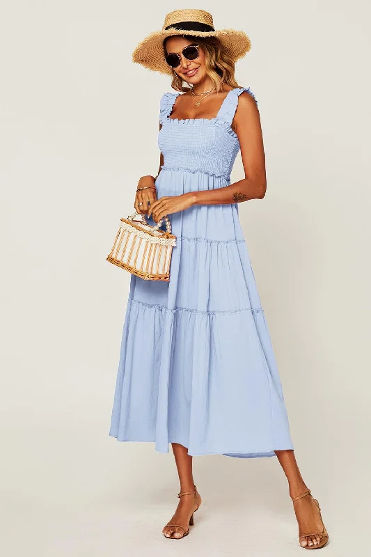 High - Neck Maxi Dresses for a Modest LookHem Detail Tiered Maxi Dress In Light Blue High - Neck Maxi Dresses for a Modest LookHem Detail Tiered Maxi Dress In Light Blue