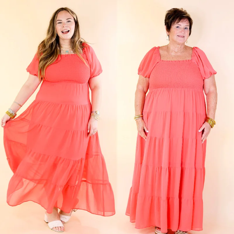 Long - Line Maxi Dresses with a Vest - Like DesignHoneysuckle Love Tiered Maxi Dress with Smocked Bodice in Coral Red Long - Line Maxi Dresses with a Vest - Like DesignHoneysuckle Love Tiered Maxi Dress with Smocked Bodice in Coral Red