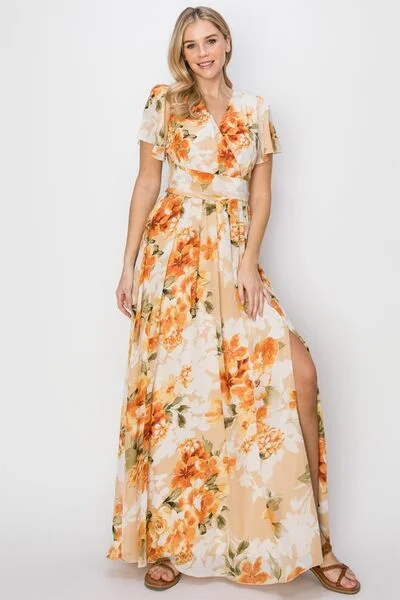 Breathable Chiffon Maxi Dresses for Hot DaysFloral Tie Back Short Sleeve Slit Maxi Dress Breathable Chiffon Maxi Dresses for Hot DaysFloral Tie Back Short Sleeve Slit Maxi Dress