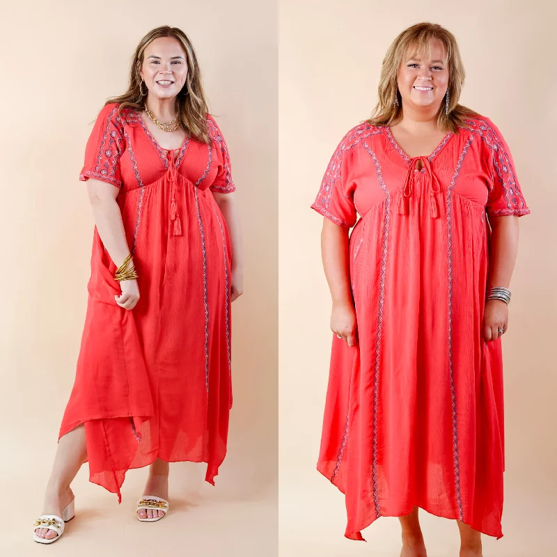 Maxi Dresses for College Graduation PhotoshootsLAST CHANCE SIZE SMALL & MEDIUM | Just For You Embroidered Maxi Dress with Tassel Tie Neck in Coral Maxi Dresses for College Graduation PhotoshootsLAST CHANCE SIZE SMALL & MEDIUM | Just For You Embroidered Maxi Dress with Tassel Tie Neck in Coral