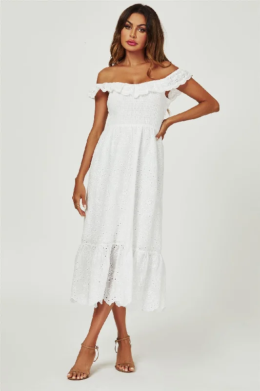 Maxi Dresses for Romantic Date NightsLace Embroidery Bardot Maxi Dress In White