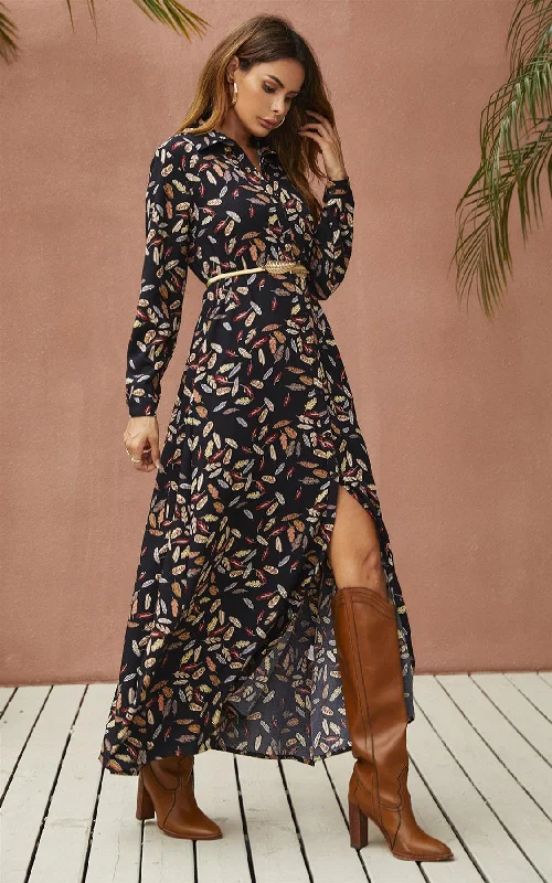 Short - Sleeved Shirt - Style Maxi Dresses for a Casual LookLeaf Print Black Shirt Dress With Tie Waist + Free Gold Stretch Leaf Belt