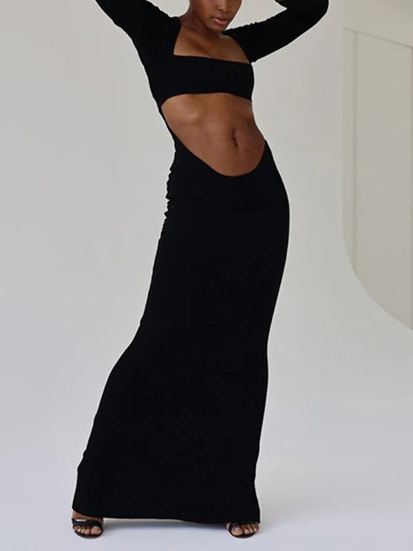 Fluffy Fleece Maxi Dresses for Warmth in WinterLong Sleeve Cutout Black Maxi Dress