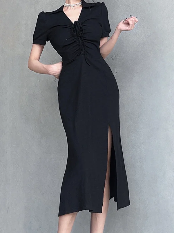 European and American - Style Simple and Elegant Maxi DressesLace Up Slit Knitted Black Maxi Dress European and American - Style Simple and Elegant Maxi DressesLace Up Slit Knitted Black Maxi Dress