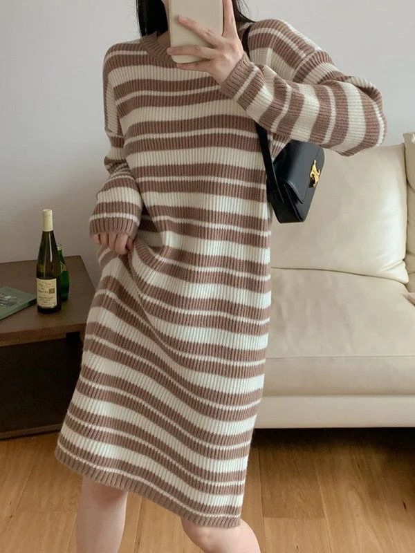 Maxi Dresses with a Fake Two - Piece Design for UniquenessKnitted Stripe Long Sleeve Maxi Dress Maxi Dresses with a Fake Two - Piece Design for UniquenessKnitted Stripe Long Sleeve Maxi Dress