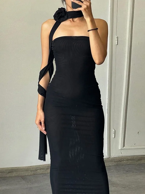 Sunny Yellow Maxi Dresses for a Cheerful LookFlower Choker Detail Strapless Mesh Maxi Dress Sunny Yellow Maxi Dresses for a Cheerful LookFlower Choker Detail Strapless Mesh Maxi Dress