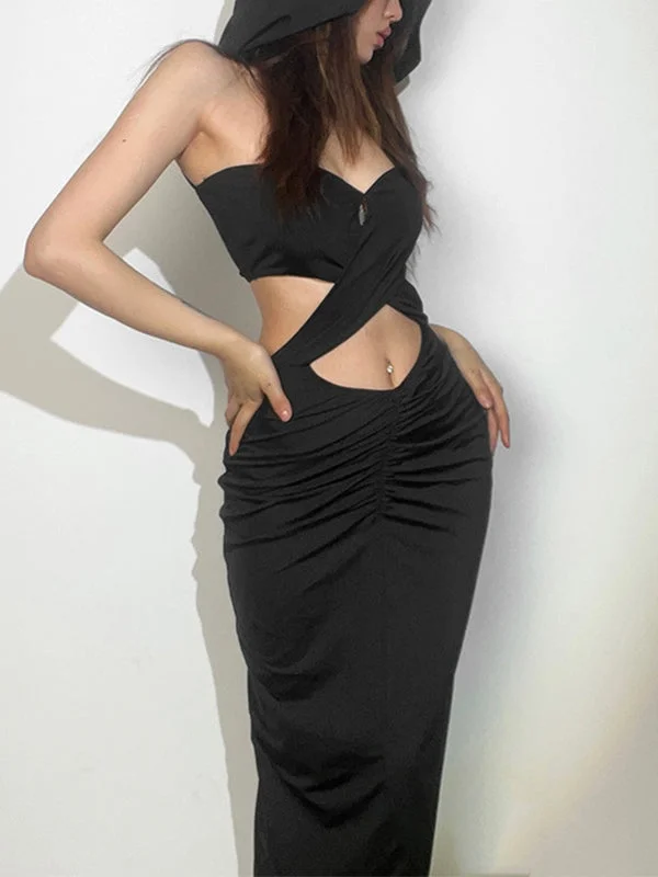 Maxi Dresses for Business - Casual ConferencesCriss Cross Hooded Cutout Black Maxi Dress Maxi Dresses for Business - Casual ConferencesCriss Cross Hooded Cutout Black Maxi Dress