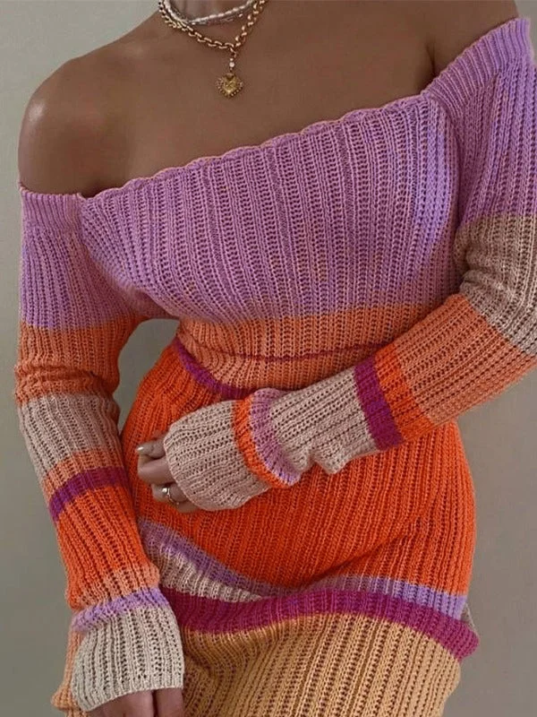 Maxi Dresses with Side Slits for Easy MovementColor Block Stripe Knitted Maxi Dress
