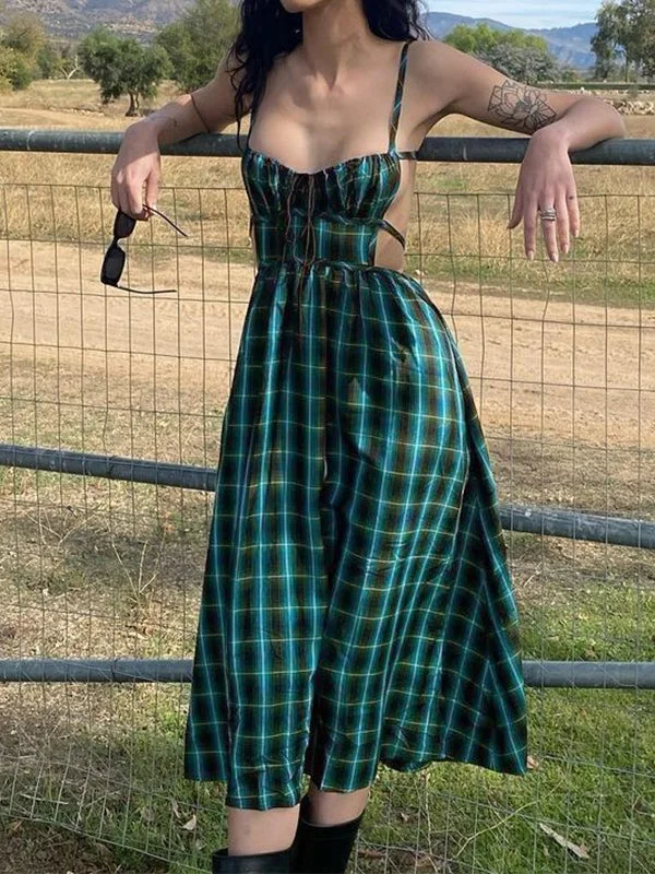 Fiery Red Maxi Dresses for a Dramatic LookBackless Green Checkered Maxi Dress