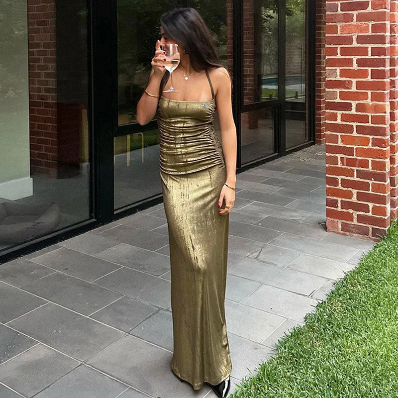 Breathable Chiffon Maxi Dresses for Hot DaysHalter Neck Sleeveless Bodycon Maxi Dress - Olive Green Breathable Chiffon Maxi Dresses for Hot DaysHalter Neck Sleeveless Bodycon Maxi Dress - Olive Green