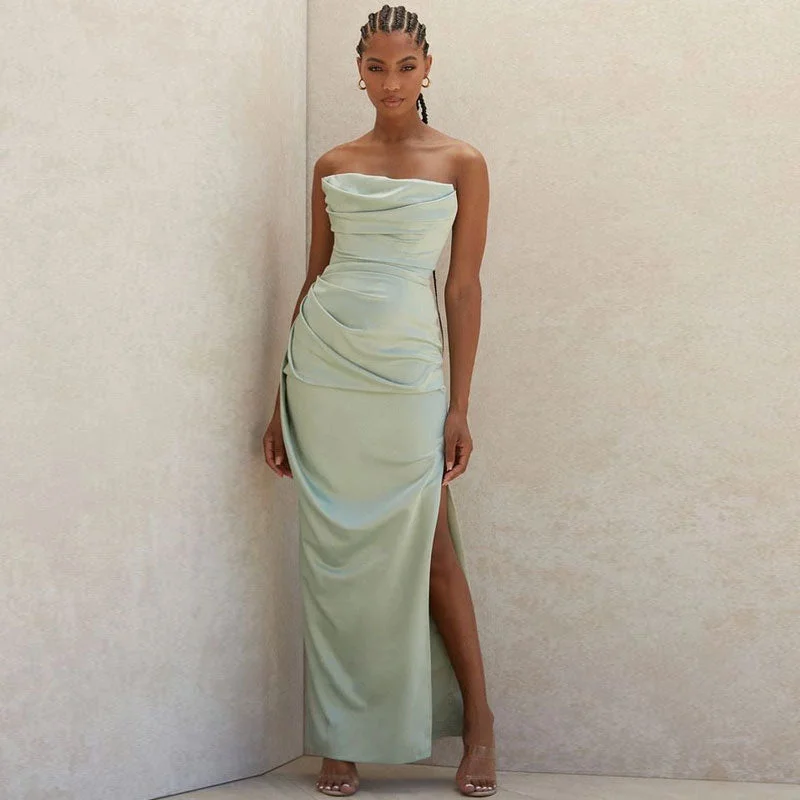 Maxi Dresses with Back Cut - Outs for a Sexy and Alluring LookCowl Neck Strapless Slit Maxi Evening Dress - Green Maxi Dresses with Back Cut - Outs for a Sexy and Alluring LookCowl Neck Strapless Slit Maxi Evening Dress - Green