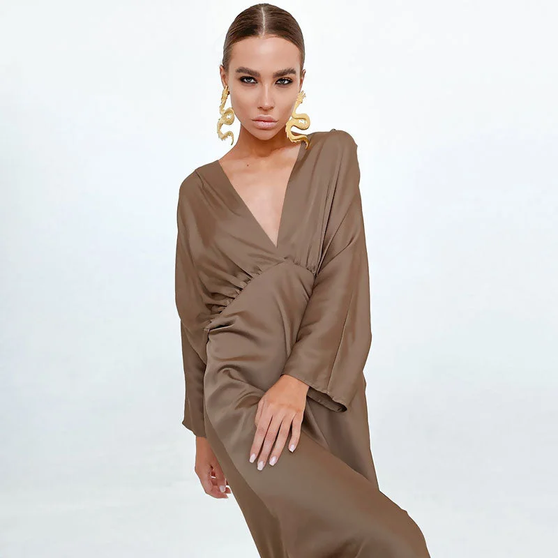 Soft Coral - Fleece Maxi Dresses for a Cozy FeelFrench Style Ruched Deep V Batwing Sleeve Split Cocktail Maxi Dress - Brown Soft Coral - Fleece Maxi Dresses for a Cozy FeelFrench Style Ruched Deep V Batwing Sleeve Split Cocktail Maxi Dress - Brown