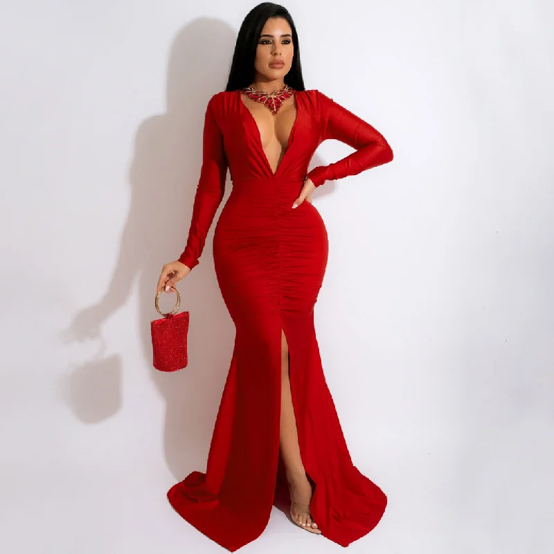 Maxi Dresses with Strap - Tie Details for a Personalized FitFabulous Ruched Deep V Long Sleeve Split Trim Fishtail Formal Maxi Dress - Red Maxi Dresses with Strap - Tie Details for a Personalized FitFabulous Ruched Deep V Long Sleeve Split Trim Fishtail Formal Maxi Dress - Red