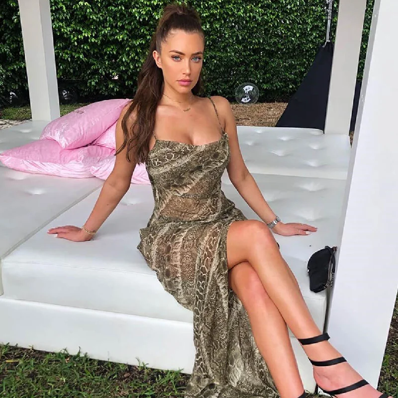 Chinese - Inspired Maxi Dresses with Traditional ElementsAnimal Print Cowl Sheer Chiffon Slit Slip Maxi Dress - Snake Chinese - Inspired Maxi Dresses with Traditional ElementsAnimal Print Cowl Sheer Chiffon Slit Slip Maxi Dress - Snake