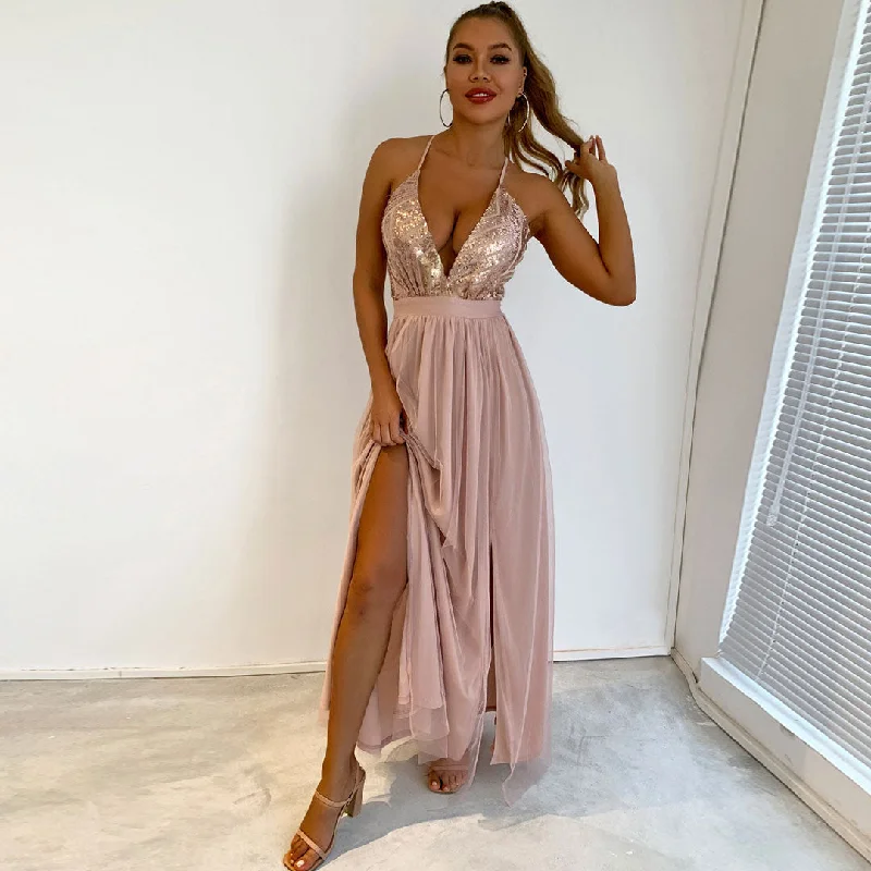 Korean - Style Sweet Maxi DressesSparkly Sequin Panel Mesh Deep V Evening Maxi Dress - Champagne Korean - Style Sweet Maxi DressesSparkly Sequin Panel Mesh Deep V Evening Maxi Dress - Champagne