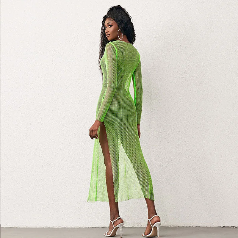 Maxi Dresses with Ruffled Trim for a Sweet and Girly LookSparkly Fishnet Crystal Embellished Long Sleeve Maxi Dress - Neon Green Maxi Dresses with Ruffled Trim for a Sweet and Girly LookSparkly Fishnet Crystal Embellished Long Sleeve Maxi Dress - Neon Green