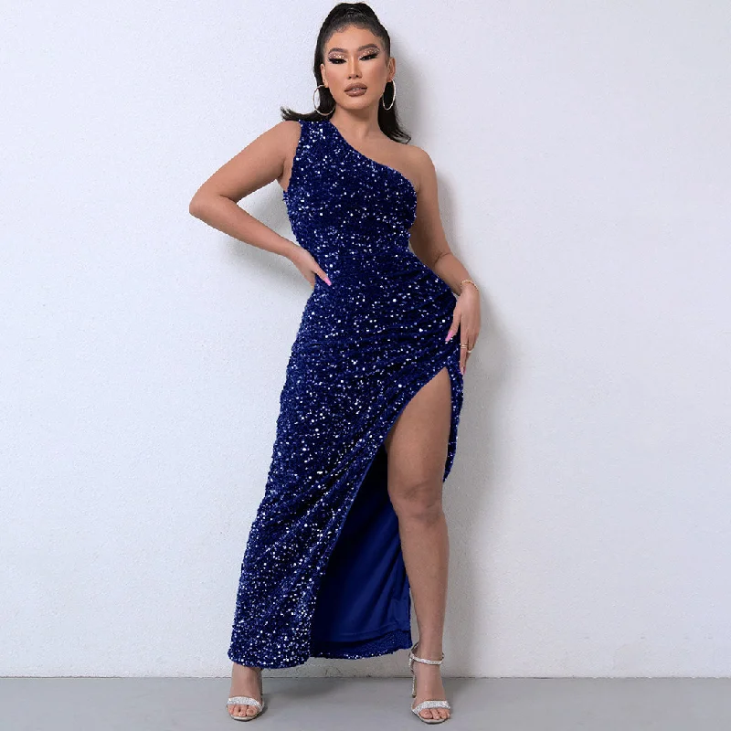 Long - Line Maxi Dresses with a Cape - Like DesignShimmery Sequin High Split One Shoulder Gown Maxi Dress - Royal Blue Long - Line Maxi Dresses with a Cape - Like DesignShimmery Sequin High Split One Shoulder Gown Maxi Dress - Royal Blue