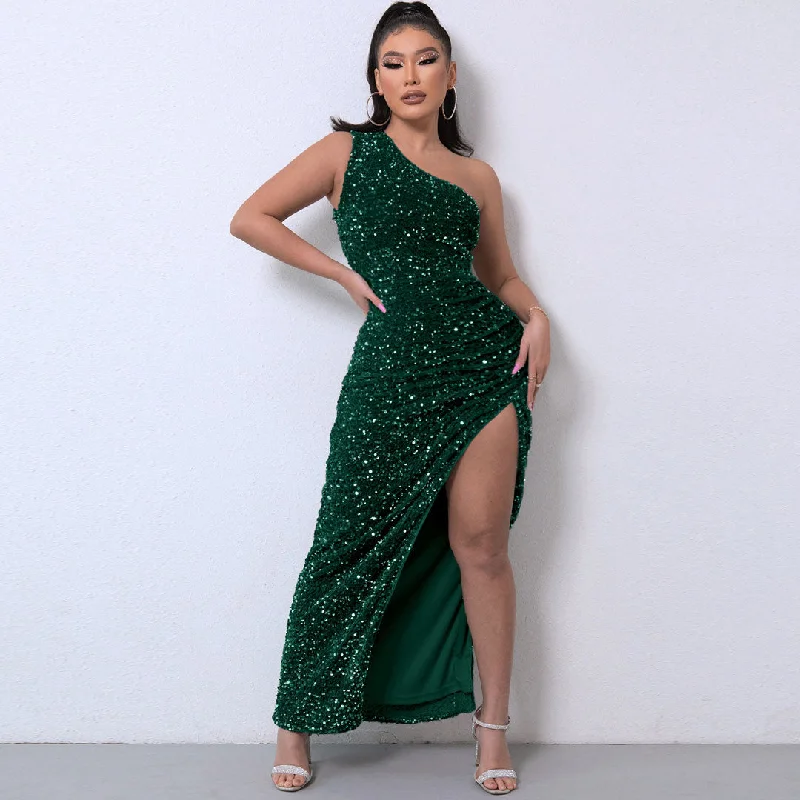 Maxi Dresses for Baby ShowersShimmery Sequin High Split One Shoulder Gown Maxi Dress - Emerald Green Maxi Dresses for Baby ShowersShimmery Sequin High Split One Shoulder Gown Maxi Dress - Emerald Green