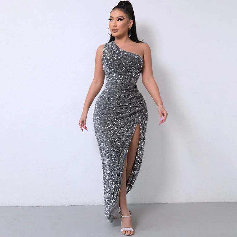 High - Waisted Maxi Dresses to Create Long Leg LinesShimmery Sequin High Split One Shoulder Gown Maxi Dress - Dark Gray High - Waisted Maxi Dresses to Create Long Leg LinesShimmery Sequin High Split One Shoulder Gown Maxi Dress - Dark Gray