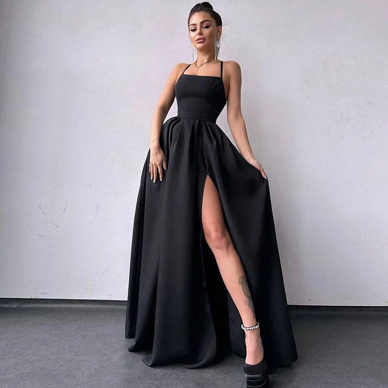 Maxi Dresses for Business - Casual ConferencesSolid Color High Split Lace Up Back Sleeveless Prom Maxi Dress - Black Maxi Dresses for Business - Casual ConferencesSolid Color High Split Lace Up Back Sleeveless Prom Maxi Dress - Black