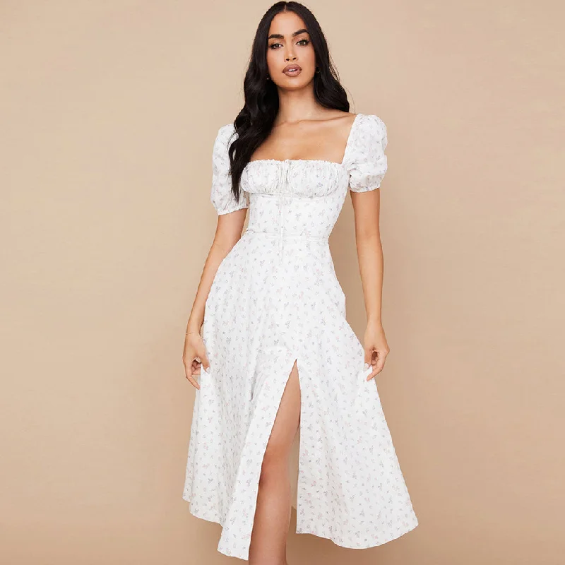 Maxi Dresses with Side Slits for Easy MovementDaisy Printed Puff Sleeve High Slit Smock Maxi Sundress - White Maxi Dresses with Side Slits for Easy MovementDaisy Printed Puff Sleeve High Slit Smock Maxi Sundress - White