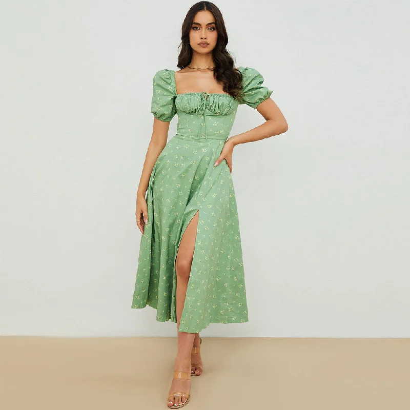 Durable Denim Maxi Dresses for Casual OutingsDaisy Printed Puff Sleeve High Slit Smock Maxi Sundress - Sage Green Durable Denim Maxi Dresses for Casual OutingsDaisy Printed Puff Sleeve High Slit Smock Maxi Sundress - Sage Green